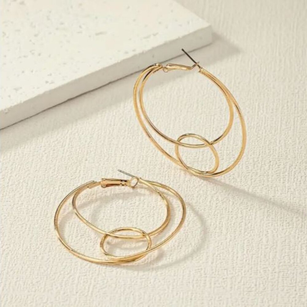 NEW Modernist Gold Plated Double Circle Hoop Earrings - Picture 2 of 4
